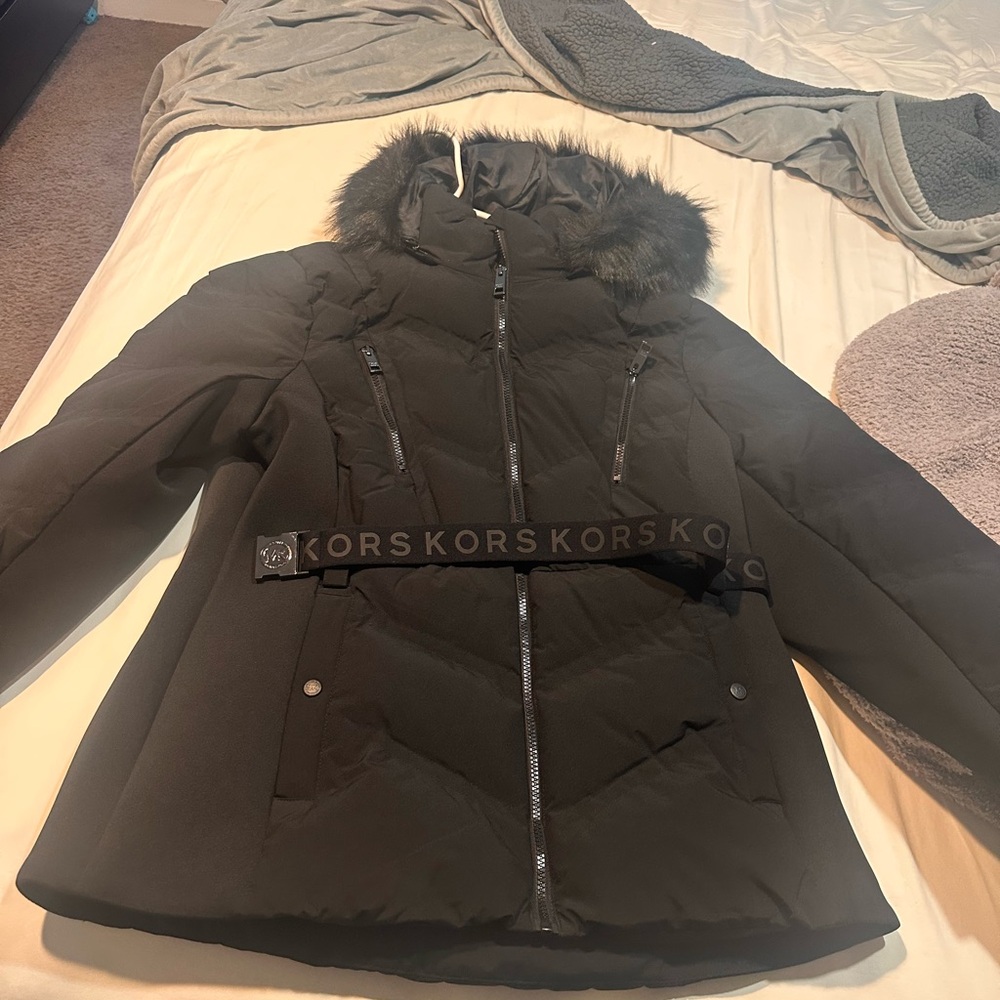 Michael Kors Black Puffer Jacket with Fur Trim